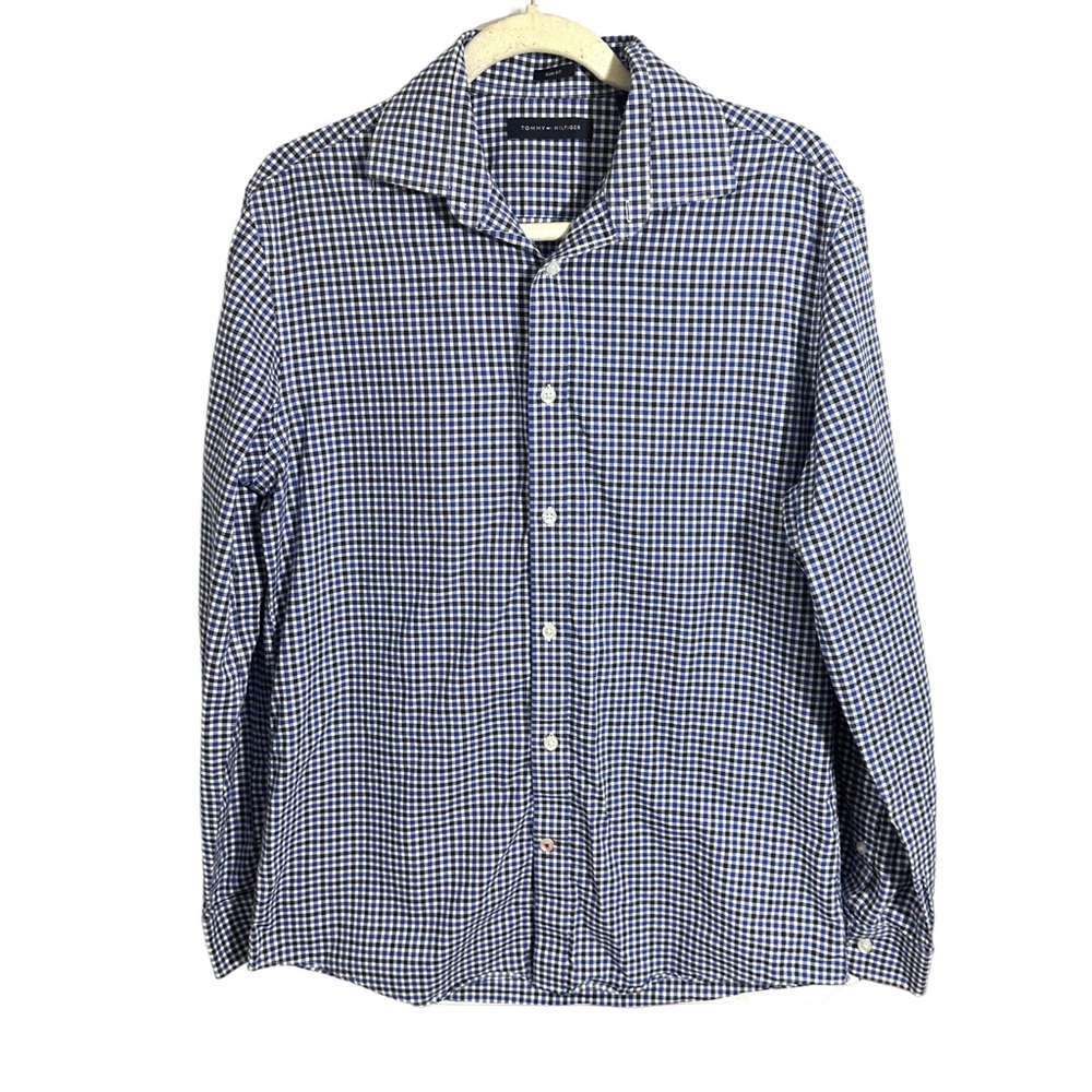 Tommy Hilfiger Slim Fit Mens Sz M Blue Black Plaid Button Down Long Sleeve Shirt